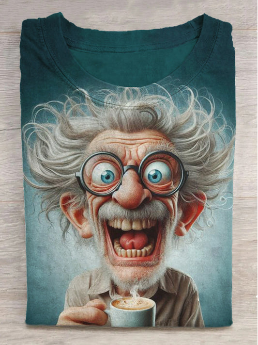 Funny Old Man Coffee Print Round Neck Short Sleeve T-Shirt
