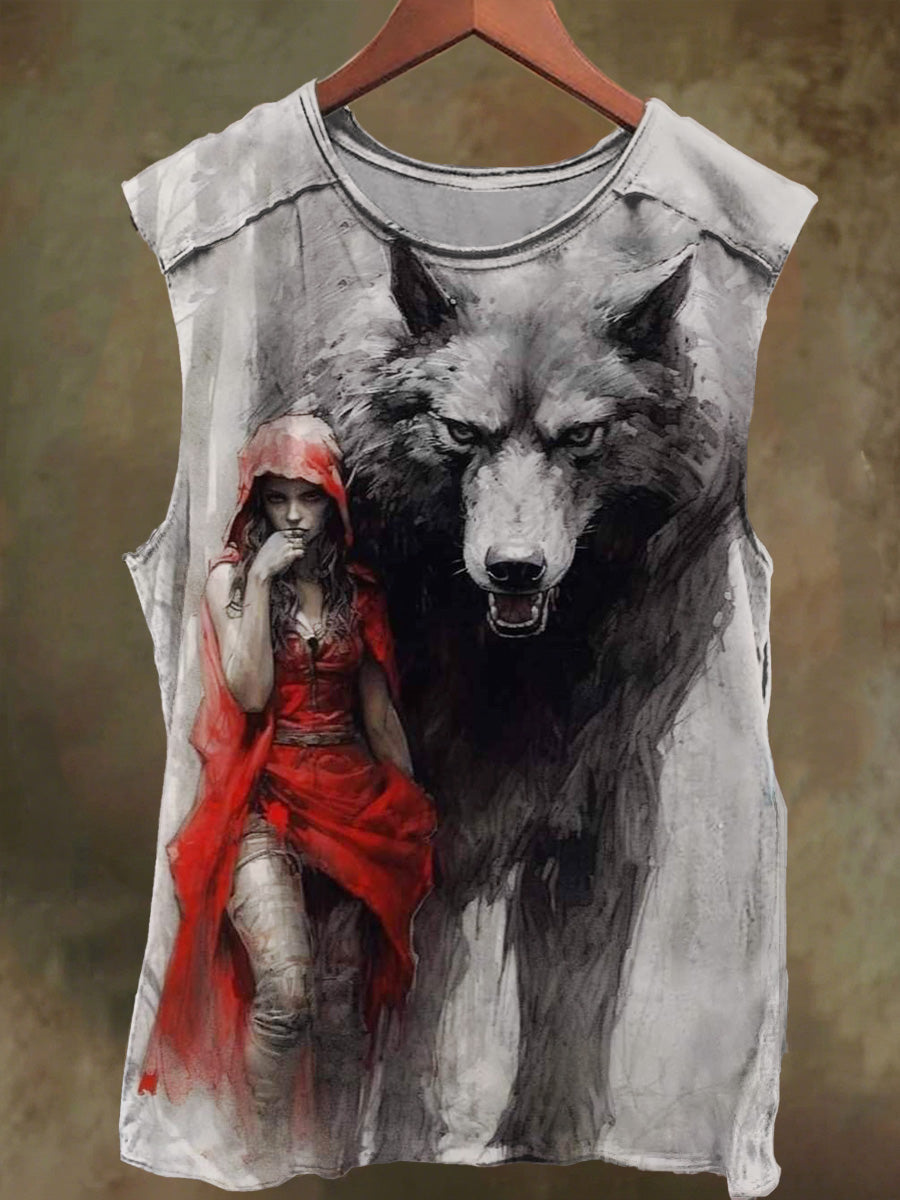 Unisex Red Hat Witch and Wolf Print Casual Cotton Tank Top