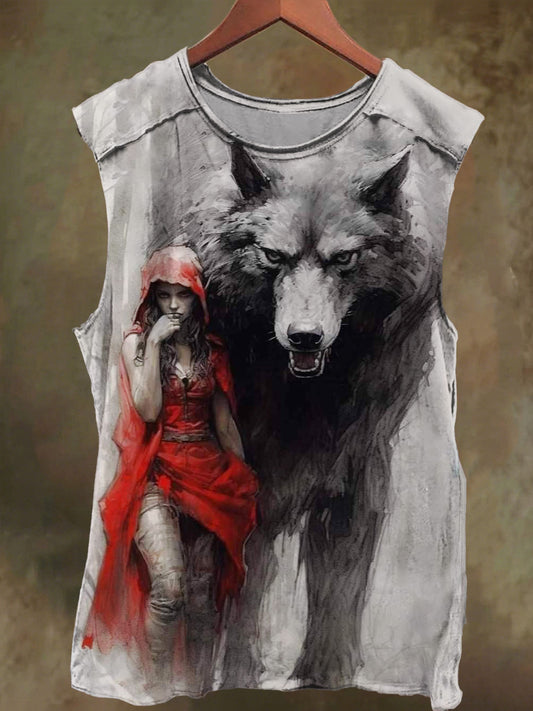 Unisex Red Hat Witch and Wolf Print Casual Cotton Tank Top