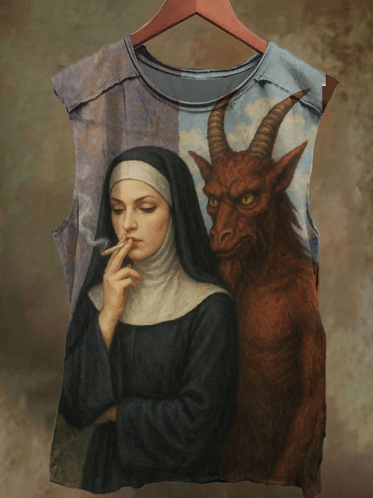 Unisex Devil and Nun Art Print Casual Cotton Tank Top