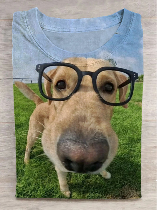 Fun Cobra Dog Print Round Neck Short Sleeve T-Shirt