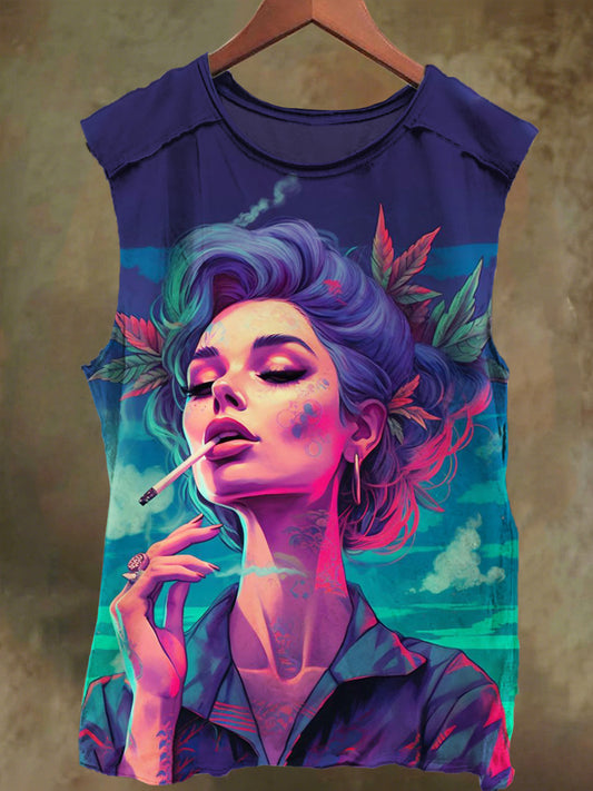 Unisex Sexy Girls Smoking Print Casual Cotton Tank Top