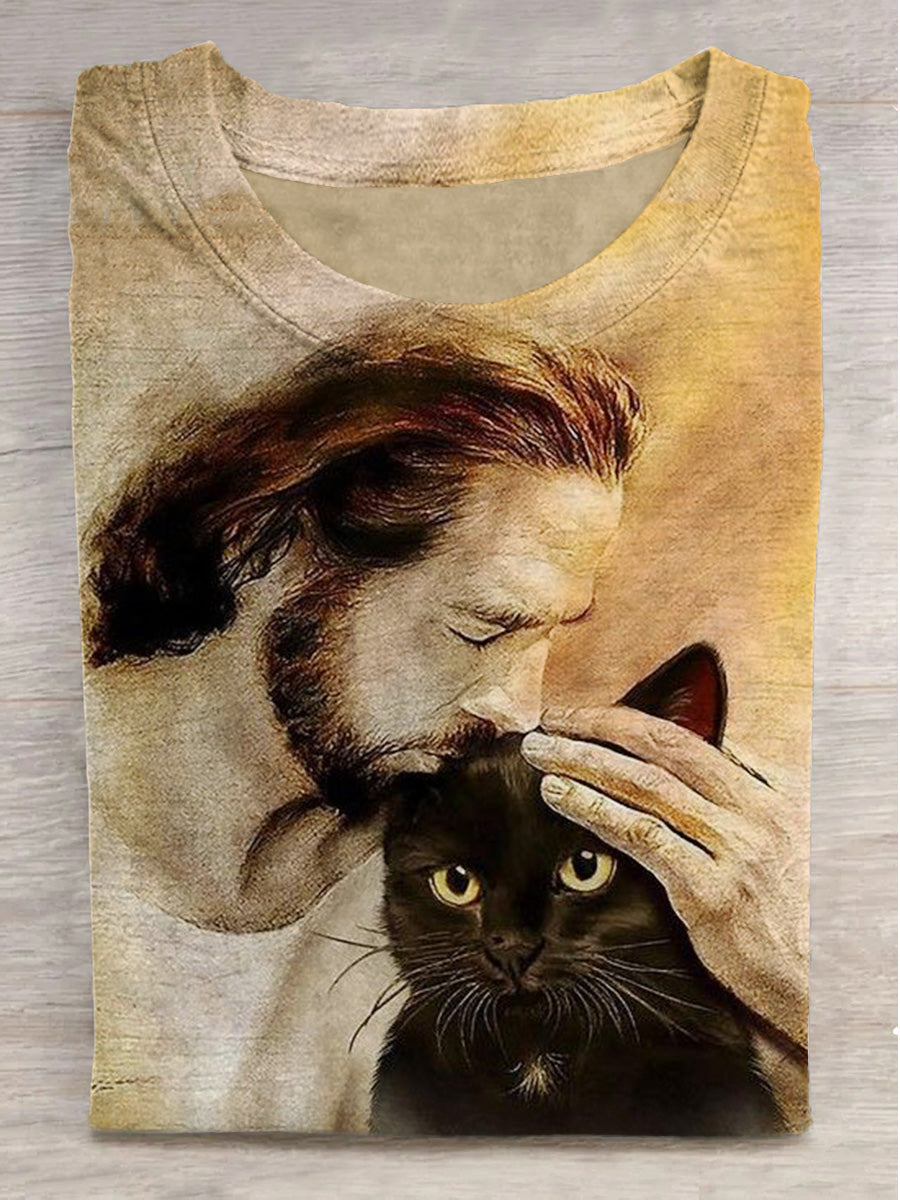 Cat in Jesus' Arms Printed Crew Neck Short Sleeve T-Shirt