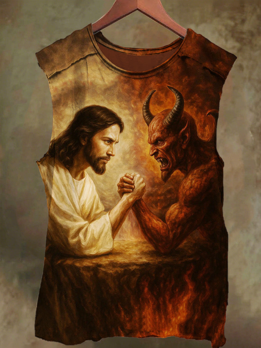 Unisex Jesus and the Devil Print Casual Cotton Tank Top