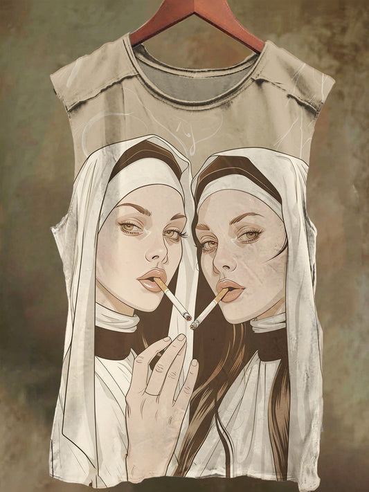 Nun Smoking Graffiti Print Casual Cotton Tank Top