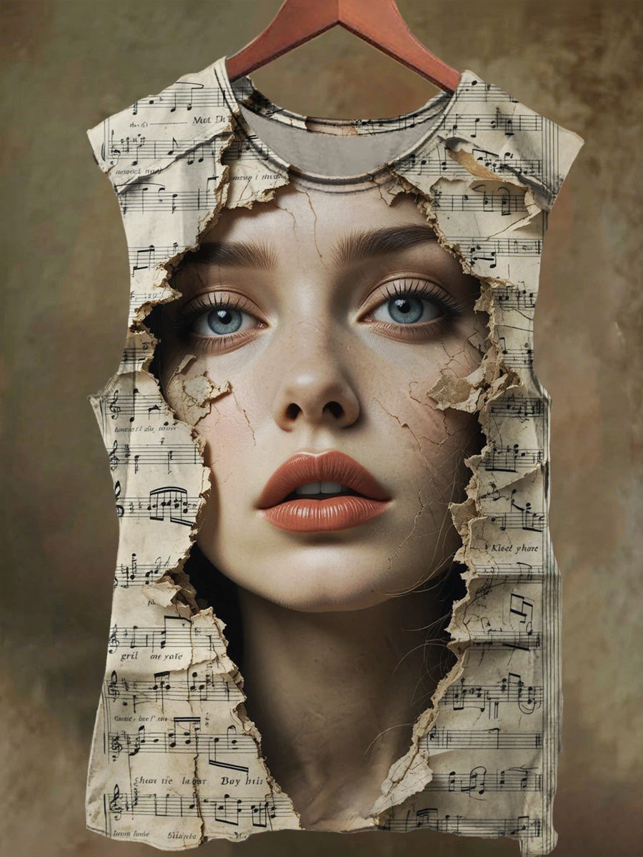 Unisex Visual Illusion Girl Art Print Casual Cotton Tank Top