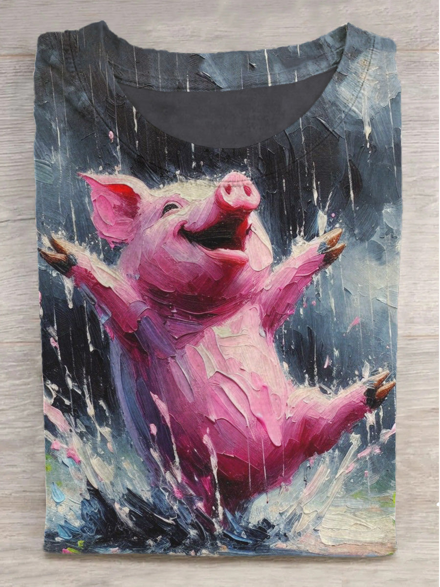 Fantasy Water Playing Pig Print Round Neck Short Sleeve T-Shirt