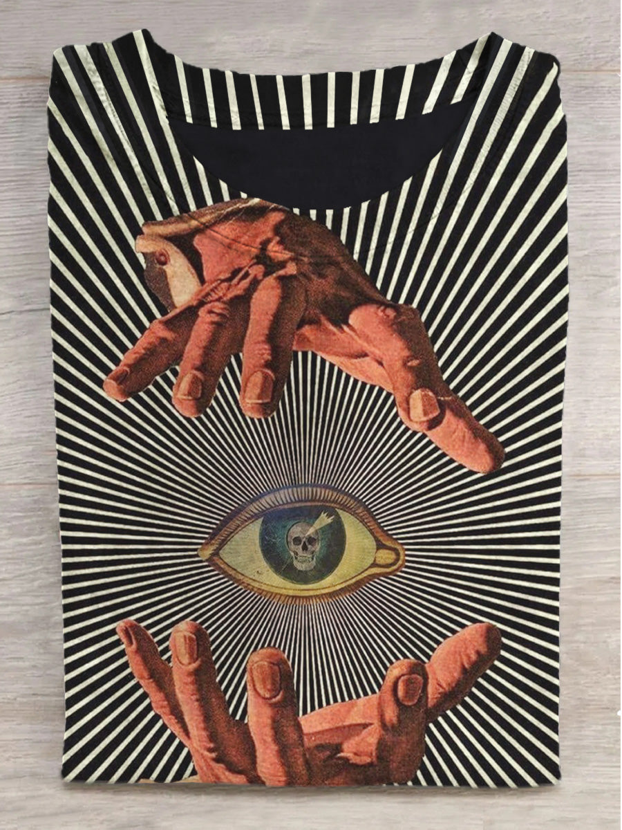 Fantasy Stripe Eye Print Round Neck Short Sleeve T-Shirt