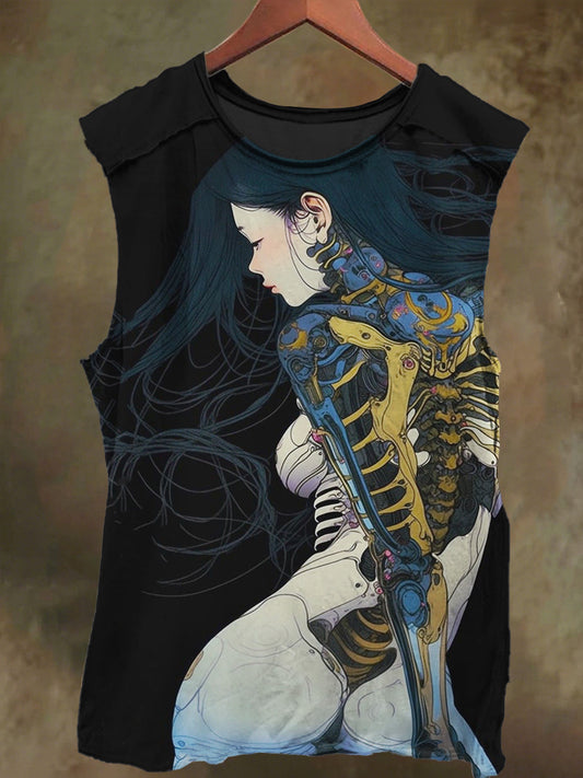 Unisex Mechanical Style Girl Art Print Casual Cotton Tank Top