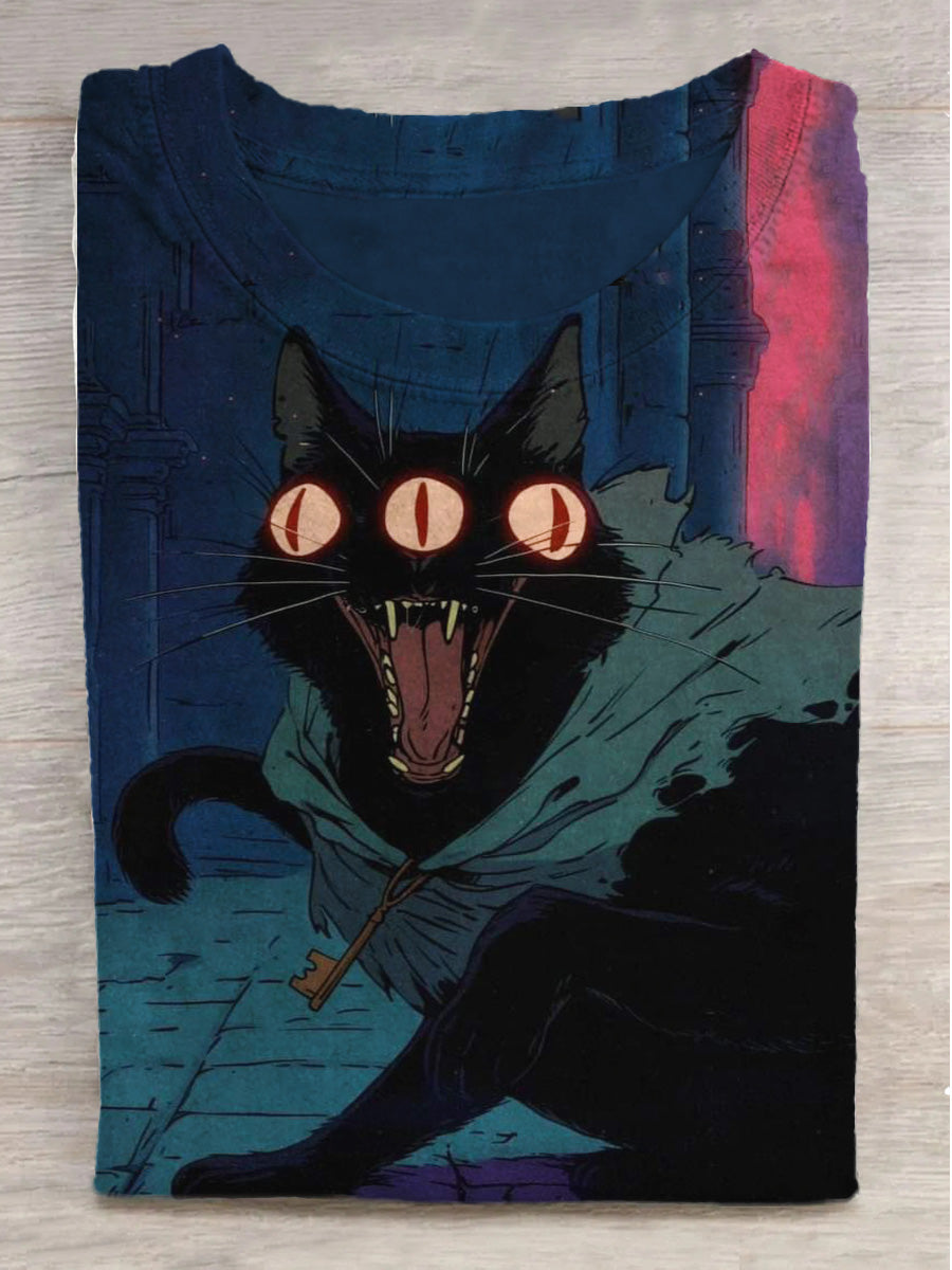 Fantasy Dark Three Eyes Cat Print Round Neck Short Sleeve T-Shirt
