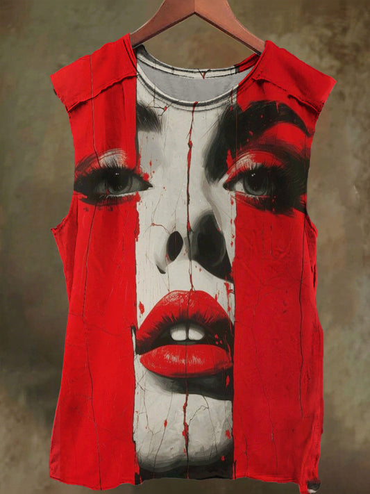 Unisex Blood Red Girl Print Casual Cotton Tank Top