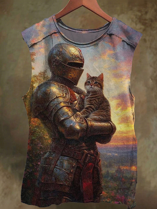 Unisex Fantasy Knight and Kitten Art Print Casual Cotton Tank Top