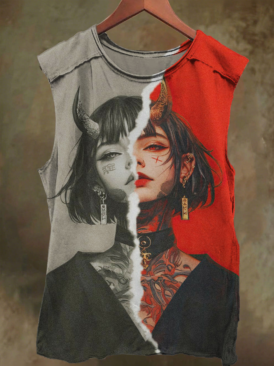 Unisex Graffiti Girls Visual Illusion Print Casual Cotton Tank Top