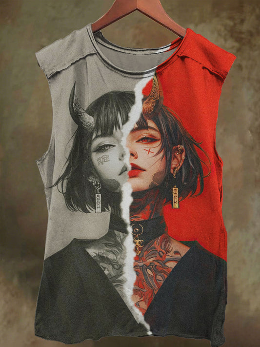 Unisex Graffiti Girls Visual Illusion Print Casual Cotton Tank Top