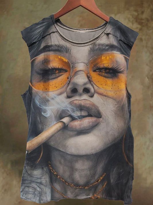 Unisex Smoking Sexy Girl Print Casual Cotton Tank Top