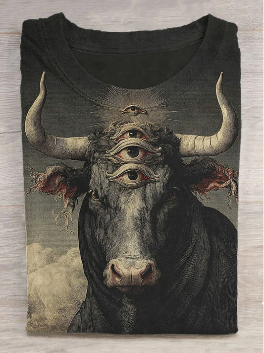 Multi-eye Art Cow Print Round Neck Short Sleeve T-Shirt
