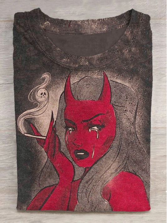 Devil Tears Smoking Girl Print Round Neck Short Sleeve T-Shirt