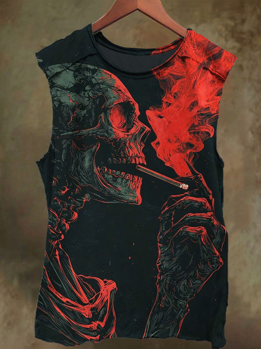 Unisex Smoking Skull Art Print Casual Cotton Tank Top
