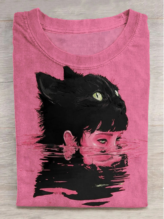 Fantasy Black Cat Girl Art Print Round Neck Short Sleeve T-Shirt