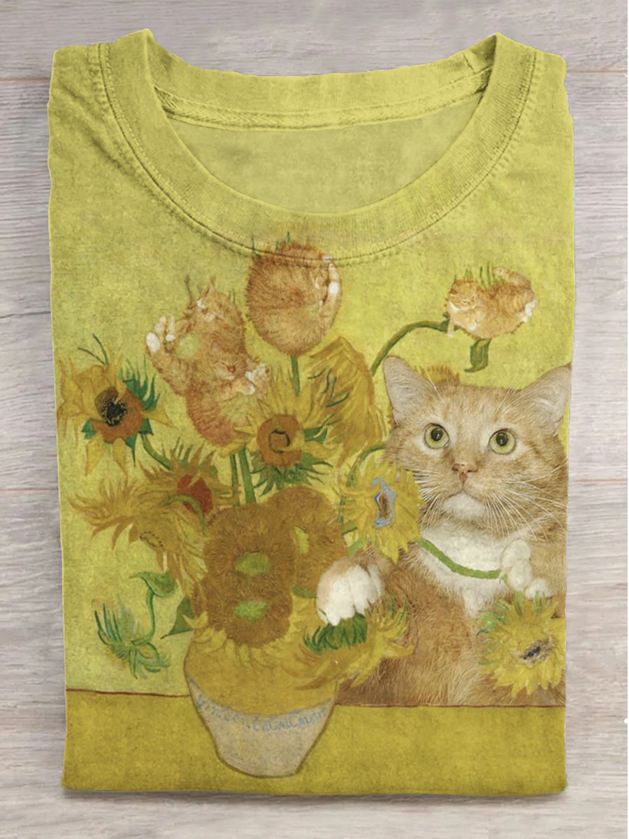 Fantasy Sunflower and Cat Print Round Neck Short Sleeve T-Shirt