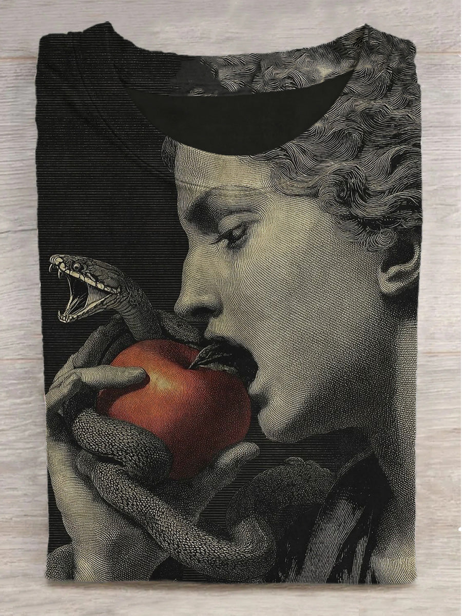 Viper and Apple Print Round Neck Short Sleeve T-Shirt