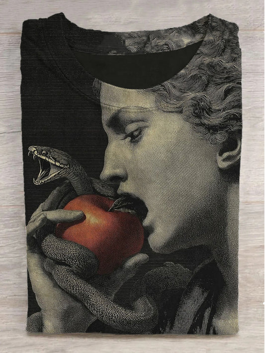 Viper and Apple Print Round Neck Short Sleeve T-Shirt