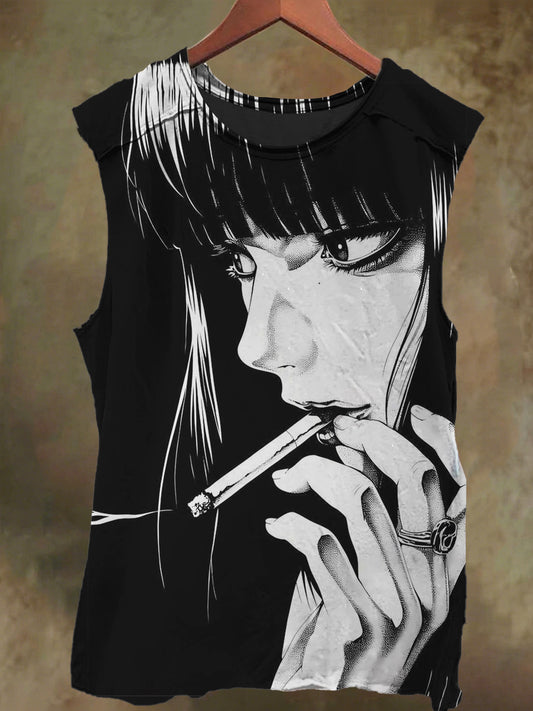 Unisex Black White Smoking Girl Art Print Casual Cotton Tank Top