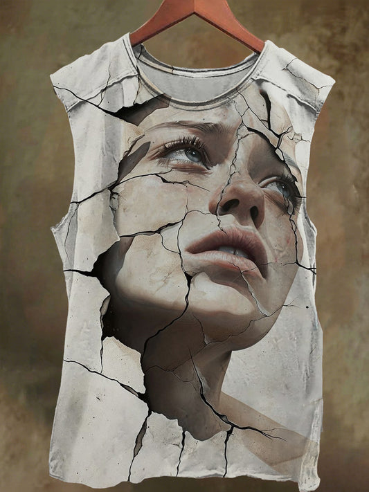 Unisex Visual Illusion Broken Girls Print Casual Cotton Tank Top