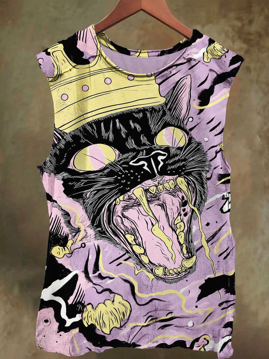 Unisex Fantasy Crown Black Cat Print Casual Cotton Tank Top