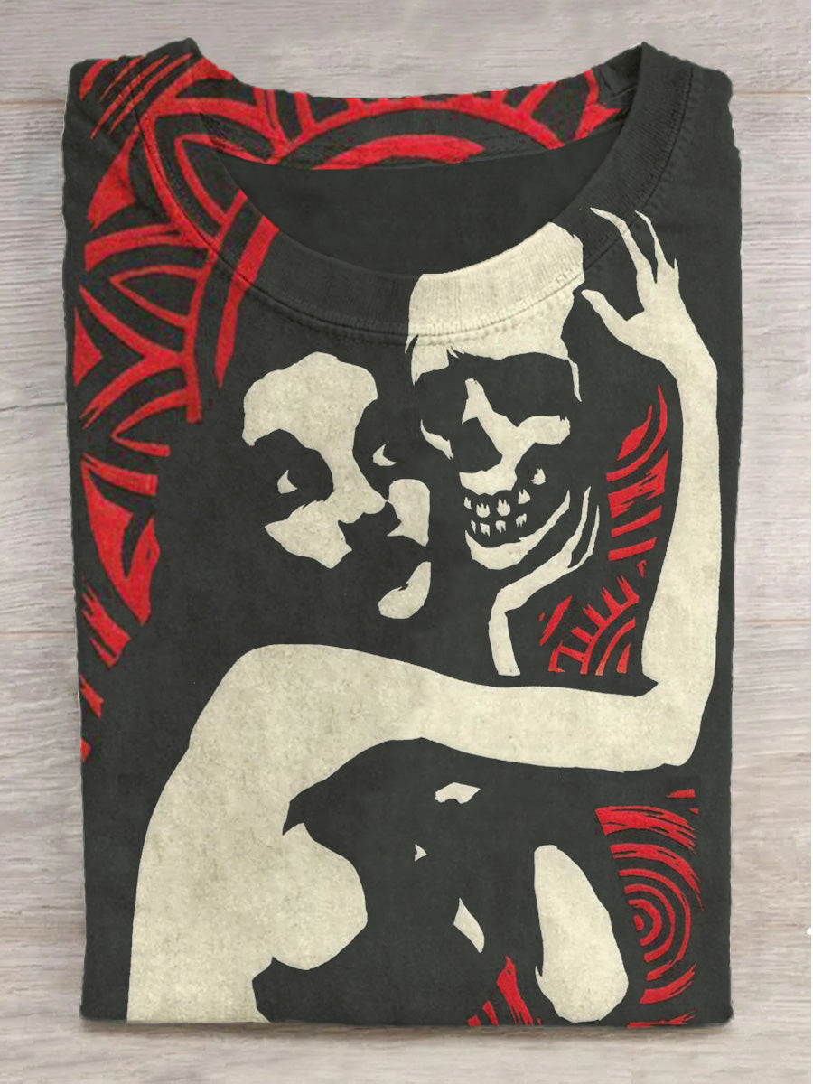 Girls and Skulls Devil Print Round Neck Short Sleeve T-Shirt