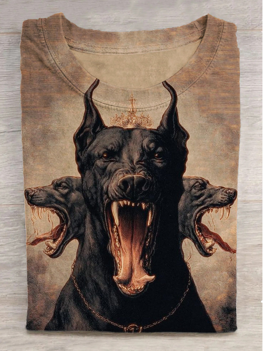 Three Headed Dog Print Round Neck Short Sleeve T-Shirt