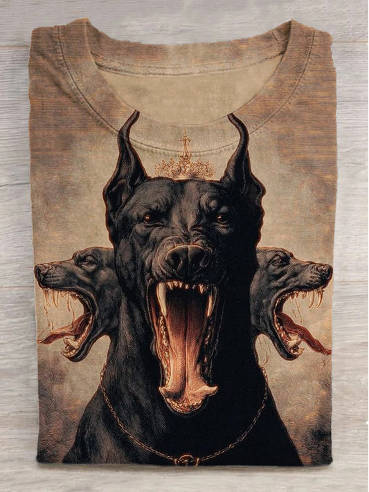 Three Headed Dog Print Round Neck Short Sleeve T-Shirt
