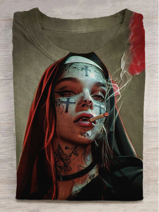 Smoking Devil Nun Art Print Round Neck Short Sleeve T-Shirt