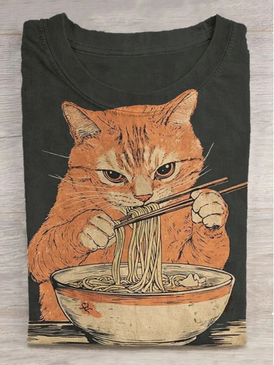 Fantasy Kitten Eating Noodle Print Round Neck Short Sleeve T-Shirt