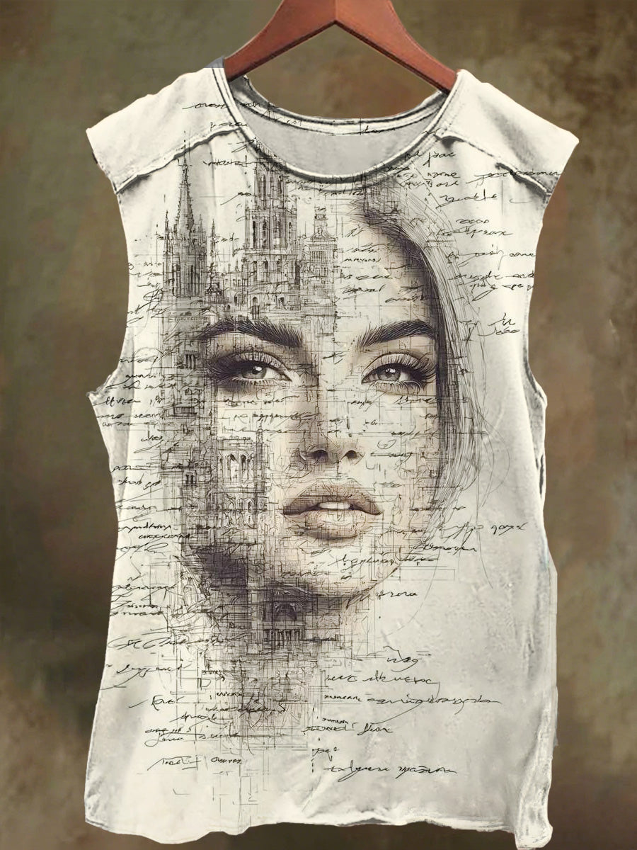 Unisex Visual Illusion Girl Art Print Casual Cotton Tank Top
