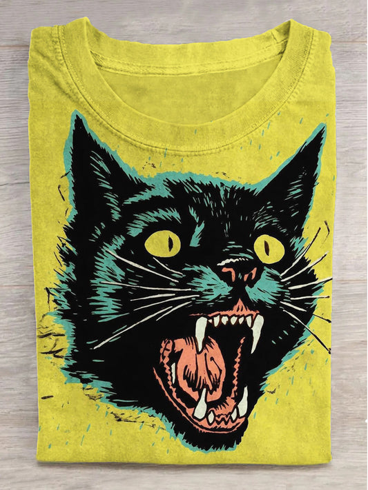 Fantasy Surprise Black Cat Print Crew Neck Short Sleeve T-Shirt