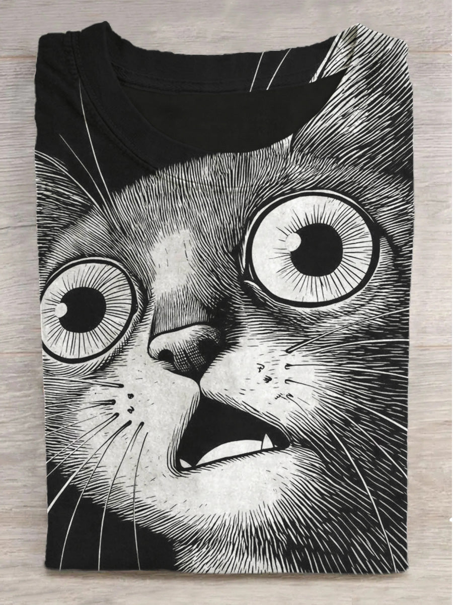 Surprised Black Cat Print Round Neck Short Sleeve T-Shirt