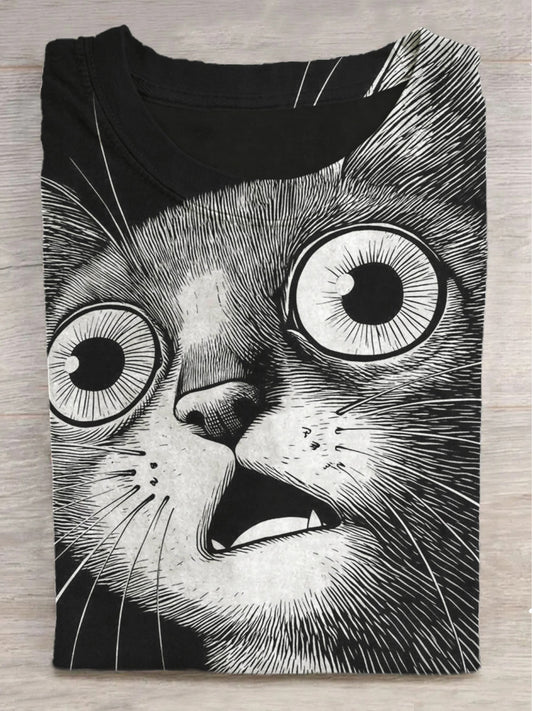 Surprised Black Cat Print Round Neck Short Sleeve T-Shirt