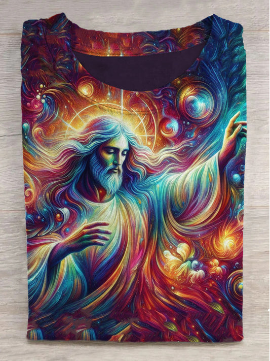 Fantasy Universe Grandpa Print Round Neck Short Sleeve T-Shirt