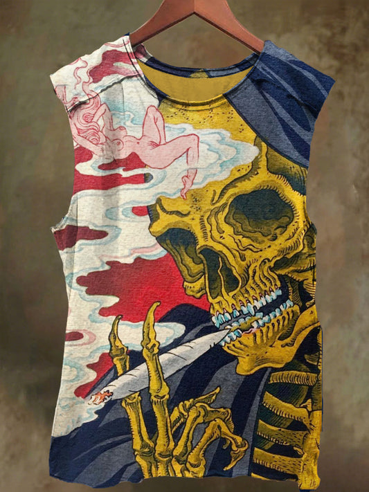 Unisex Fantasy Smoking Skull Art Print Casual Cotton Tank Top