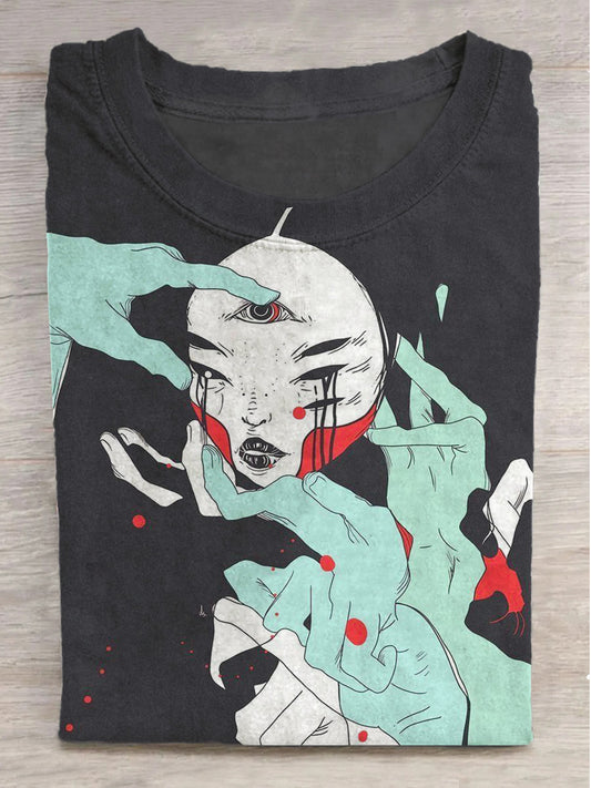 Fantasy Multi-Eyed Girl Palm Print Round Neck Short Sleeve T-Shirt