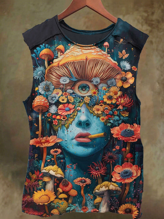 Unisex Colorful Mushroom Smoking Girl Print Casual Cotton Tank Top
