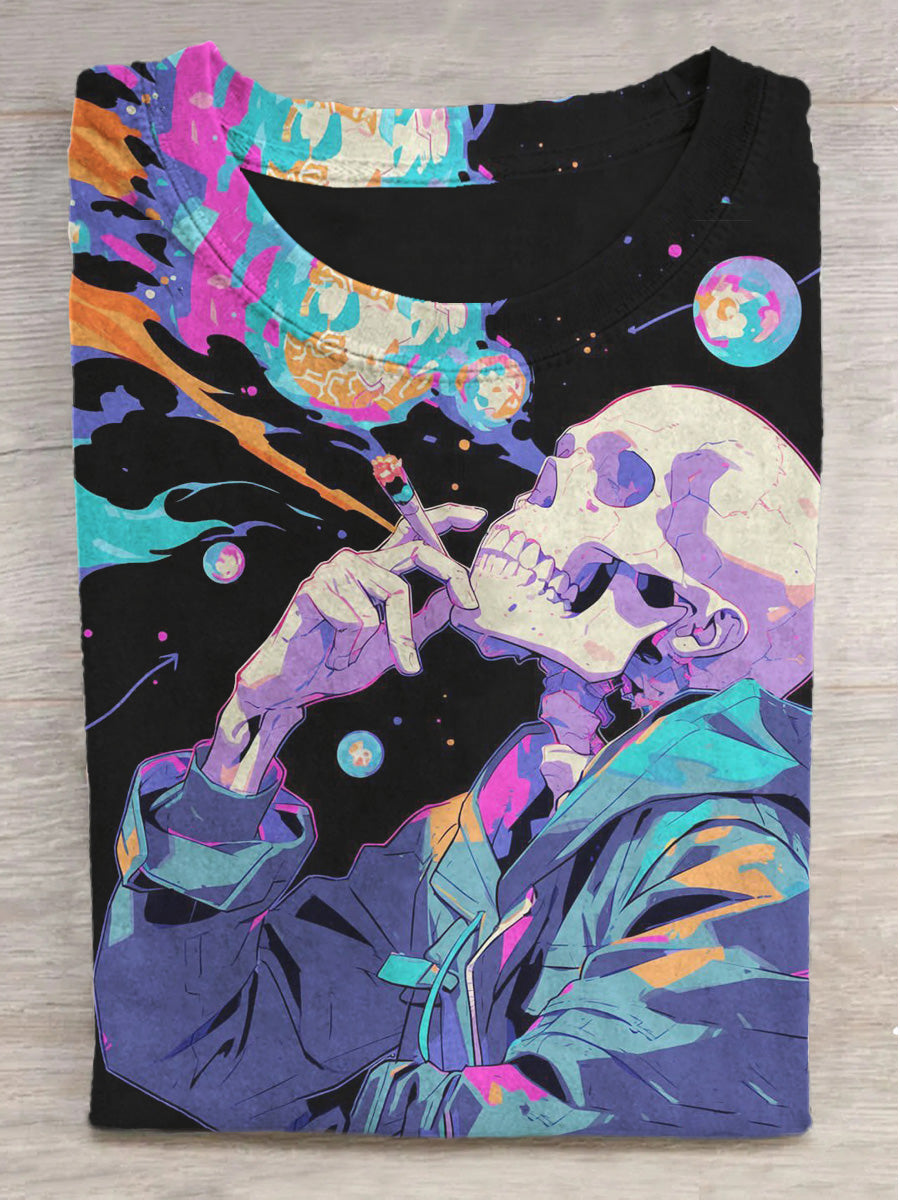 Fantasy Skull Cosmic Print Round Neck Short Sleeve T-Shirt