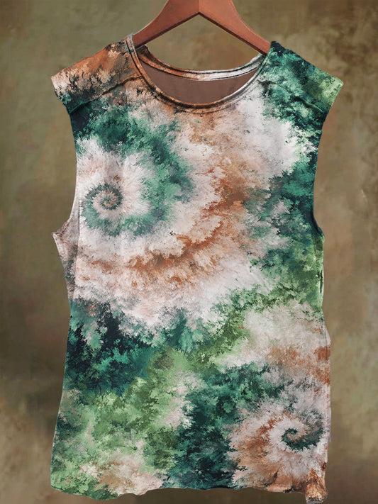 Unisex Color Mix Green Tie-Dye Print Casual Cotton Tank Top