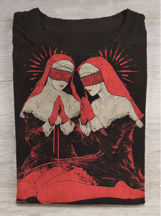 Nun Printed Round Neck Short Sleeve T-Shirt