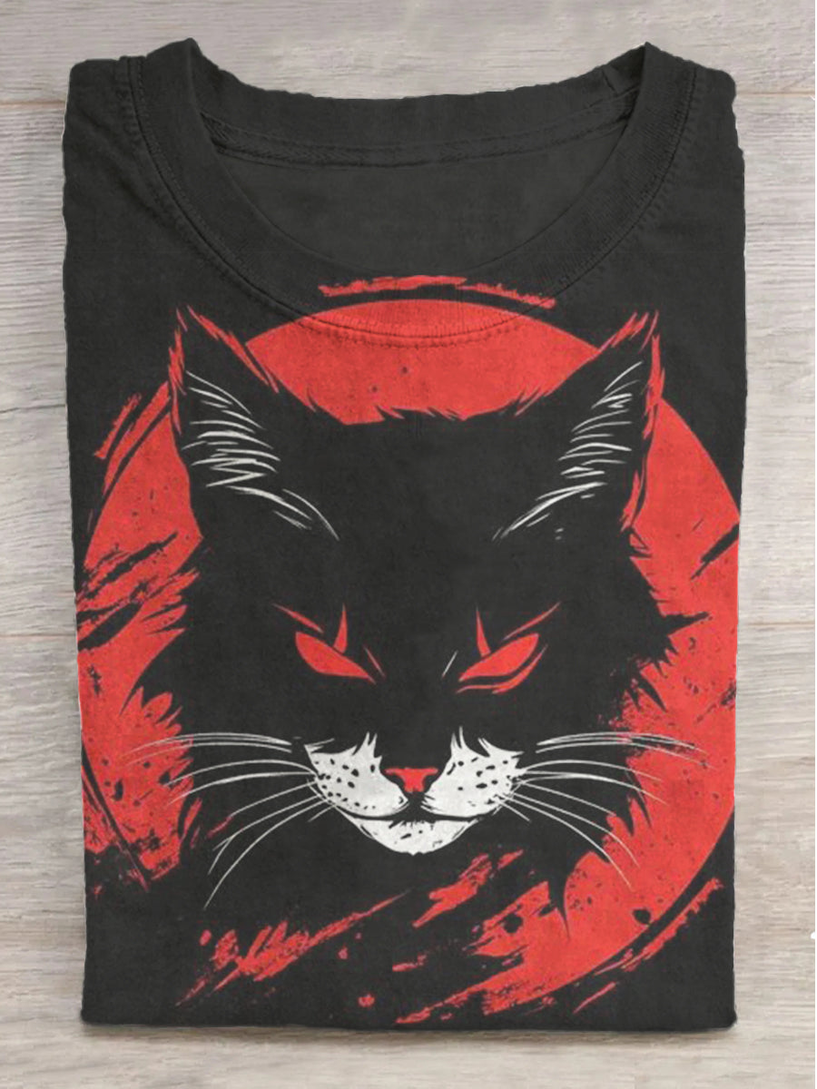 Red Eye Black Cat Print Round Neck Short Sleeve T-Shirt