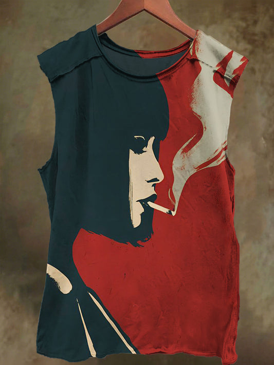 Unisex Red Smoking Girl Print Casual Cotton Tank Top