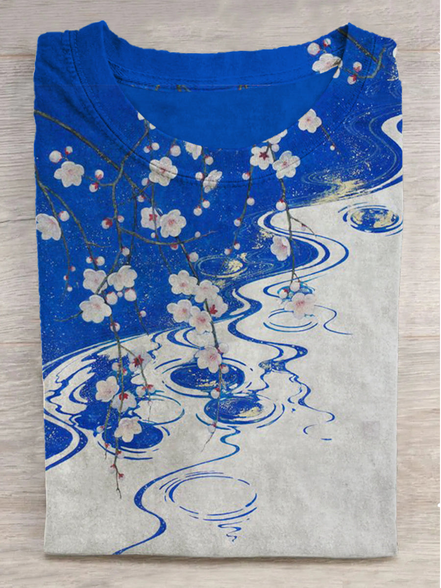 Pool Cherry Blossom Petal Print Round Neck Short Sleeve T-Shirt