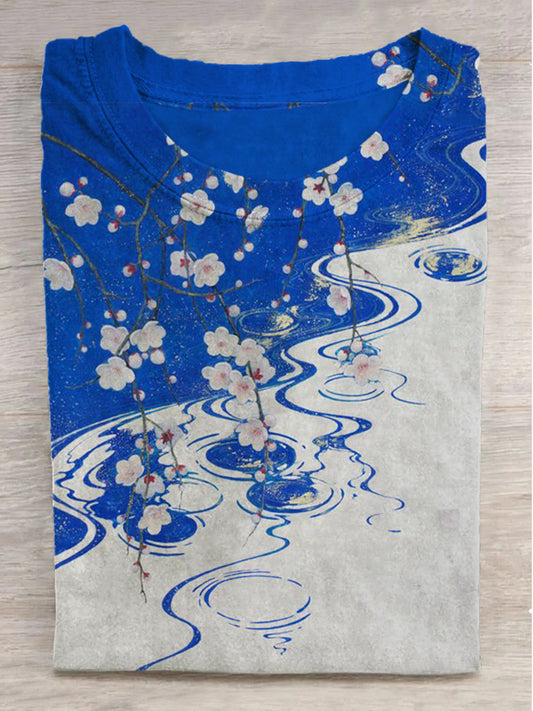 Pool Cherry Blossom Petal Print Round Neck Short Sleeve T-Shirt