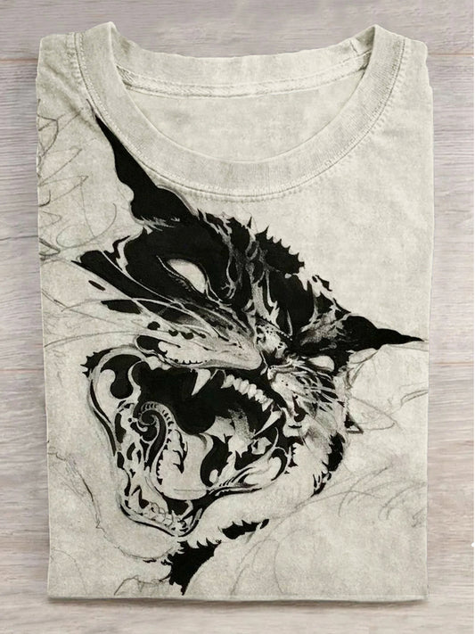 Cat in the Dreamy Clouds Print Round Neck Short Sleeve T-Shirt